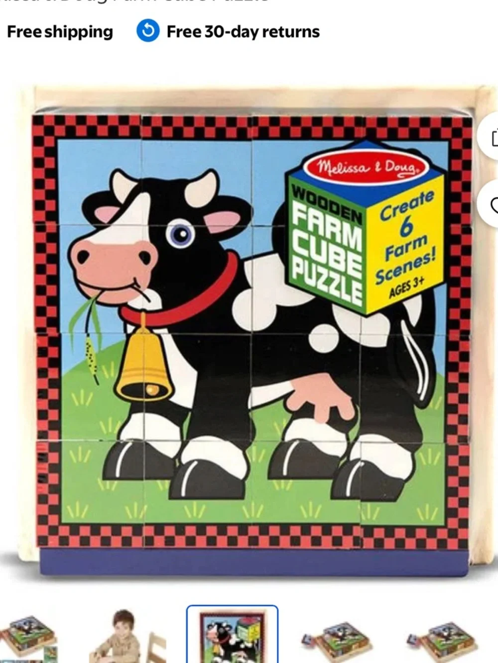 Melissa & Doug Wooden Cube Puzzle Blocks w/wooden tray Farm Animals colorful